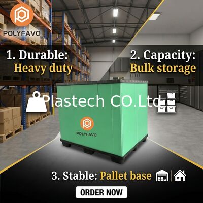 กล่องพับได้แบบ Bulk Box ความหนาผนัง 10 มม. 12 มม. มีตัวเลือก เจาะช่องหน้าต่างแบบกำหนดเอง กล่องพาเลทแบบวางซ้อนได้ พิมพ์โลโก้