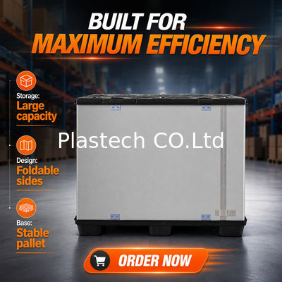 Warehouse Storage Pallet Box with EVA Lining, Two C Shaped Coaming Panels Spliced, Collapsible Plastic Base Container